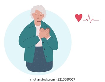 Elderly woman with heart attack, pain touching chest. Cardiovascular disease concept. Vector illustration