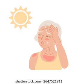 Elderly woman with heatstroke from sun and heat. Burn and red skin of old person. Dehydration and thirsty senior woman in hot weather. Flat vector illustration