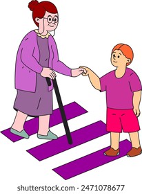 an elderly woman is helping a child cross the street