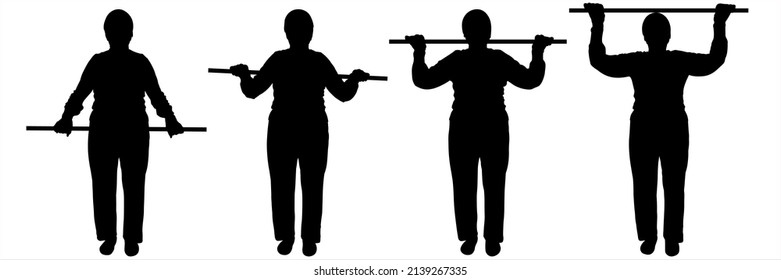 An elderly woman in her 80s is exercising. Sport. Four positions of one silhouette: smooth lifting of a gymnastic stick by a person. Poses for animation. Black female silhouette isolated on white.