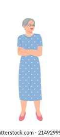 An elderly woman with her arms crossed in a comfortable one-piece dress. flat design style vector illustration.