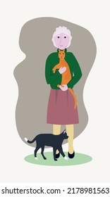Elderly woman with her cats. Elderly woman holding a cat in her arms. Caring for pets. Color flat vector illustration.