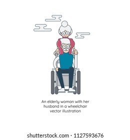 An elderly woman with her husband in a wheelchair vector illustration