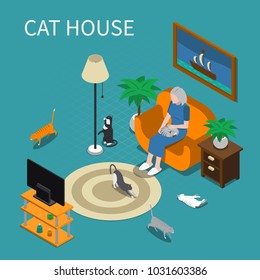 Elderly woman with her pets cats at home isometric composition 3d vector illustration