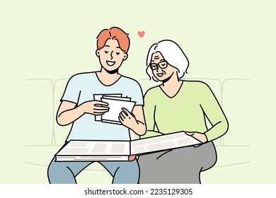 Elderly woman and her son are looking at old photos in photobook. Grandmother tells her grandson about relatives, events in pictures in photograph album. Vector thin line colored illustration.