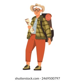 Una mujer mayor está caminando con un sombrero ancho y un mapa en sus manos. Ilustración vectorial en estilo plano de una abuela feliz de dibujos animados que viaja con una mochila y una tienda de campaña. Aislado sobre fondo blanco