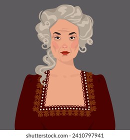 an elderly woman in a historical costume and a wig from the Middle Ages. Vector flat illustration. An avatar for a social network. Vector flat illustration