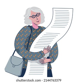 Elderly woman hold giant task list, paper document, long shopping bill, tax invoice. Vector illustration