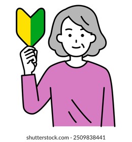 Mulher idosa segurando uma marca de iniciante