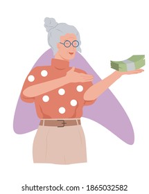 elderly woman holding a bundle of money, income finance and lending, investment, flat vector illustration