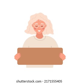 Elderly woman holding cardboard blank sign. Template for your slogan. Paper with copy space for text in female hands. Vector illustration in flat cartoon style.