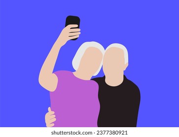 “SHOTLISTS3niorLife”. An elderly woman holding a cell phone while taking a selfie with an elderly man. Elderly man standing next to an elderly woman and their faces touch while taking a photo. love.
