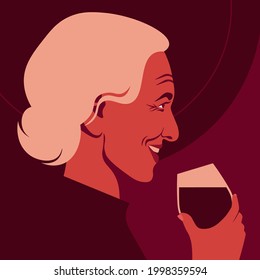 The elderly woman is holding the glass of the red wine. Profile of the sommelier. Vector flat illustration