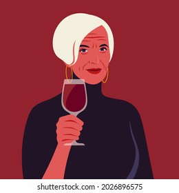 An elderly woman is holding a glass of a red wine. A portrait of the sommelier. Vector flat illustration