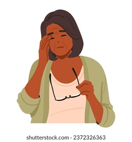 Elderly Woman Holding Glasses and Rubs Her Tired Eyes, Portraying Fatigue And The Need For Vision Support. Senior Female Character Portrays Discomfort And Vision Problems. Cartoon Vector Illustration