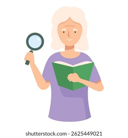 Elderly woman is holding a magnifying glass and reading a book