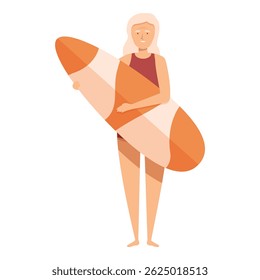 Elderly woman is holding a surfboard, ready to hit the waves and enjoy an active retirement