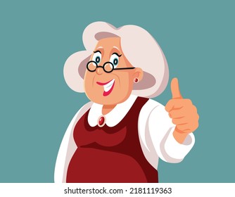 
Elderly Woman Holding Thumbs up Making Ok Sign Vector Cartoon Illustration. Cheerful retired pensioner feeling successful and confident
