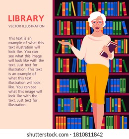 An elderly woman holds books in her hand. The librarian stands against the background of a bookcase. University library. The seller in the bookstore. Vector flat illustration