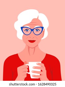 An elderly woman holds a cup in her hands and smiles. Psychology. Rest at home. Vector flat illustration