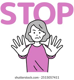 Elderly woman holds her hands out in front of her and says STOP
