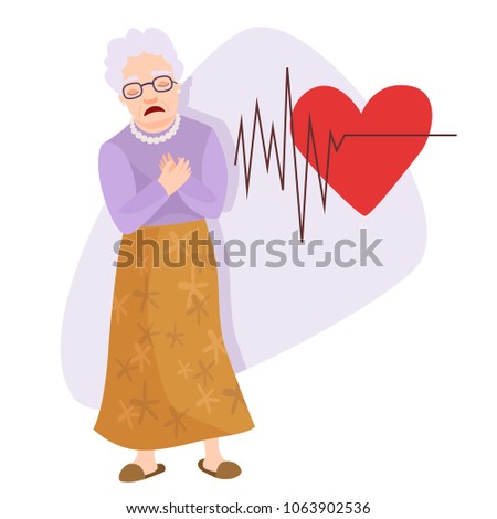 An elderly woman holds her heart. Heart attack