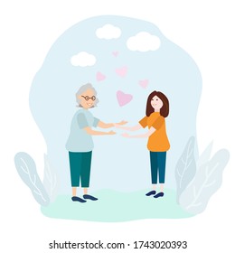 An elderly woman holds out her hands to a young woman. Friendly support. Vector illustration.