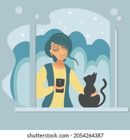 An Elderly Woman At Home By The Window Is Stroking A Cat. Grandma Is Talking On Her Cell Phone. Vector Cartoon Flat. Snowy Winter In Blue Colors. Beautiful Landscape Outside The Window. Poster, Card.