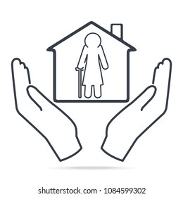 Elderly woman and home in hands icon, simple line style. Nursing home sign icon. Protect and care people concept illustration