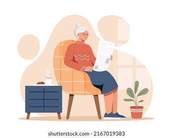 Elderly woman at home. Elderly woman sits in chair with newspaper in her hands. Comfort and coziness, character gets acquainted with news. Retired on weekend. Cartoon flat vector illustration