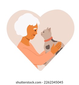Elderly woman hugging her cat. Animal human friendship concept. Vector illustration in shape of heart.