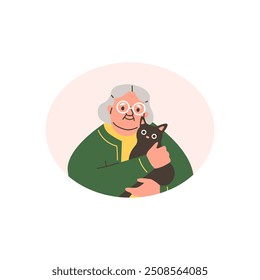 Una anciana abraza a un gato negro. Dibujos animados dueño senior con gatito adorable. Cuidado animal y amor mascota. Ilustración plana de Vector aislada en blanco en marco ovalado. Abuela sosteniendo a su amigo animal