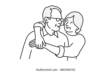 Elderly woman hugs her husband. Hand drawn vector illustration. 