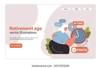 Elderly woman illustrates the timely journey to retirement age, marking her progress with precision. Milestones achieved, journey's end nears. Flat vector illustration.