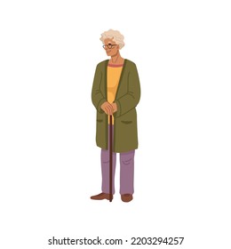 Elderly woman, isolated senior personage with walking stick. Grandmother with grey hair standing straight, nursing home care. Vector in flat cartoon style