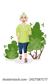 An elderly woman jogging in the park. Elderly woman is engaged in sports, leads an active and energetic healthy lifestyle. Isolated vector illustration. Vector illustration