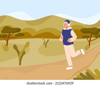 Elderly woman jogging in park in spring. Happy lady in warm sportswear runs listening to music in headphones outdoors. Sport, training and healthy lifestyle in retirement concept. vector illustration