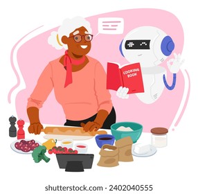 Una Mujer De Edad Interactúa Alegremente Con El Asistente De Bots De Chat De Cocina, Buscando Asesoramiento Sobre Recetas. Vieja mujer con utensilios e ingredientes en colaboración culinaria virtual. Ilustración de vectores de personas de caricatura