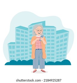 elderly woman joyfully uses a smartphone on the background of the city isolated on a white background flat cartoon graphic.