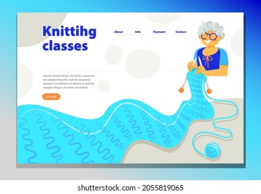 An elderly woman knitting a long scarf. Hobby home illustration concept. Vector website design template. Wool, knitting needles, tangle. Woman knits handmade clothes