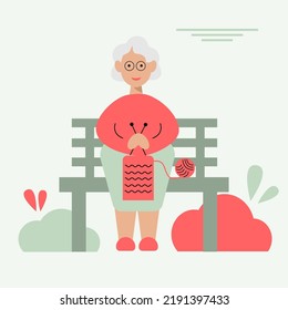 Elderly woman knitting on a park bench. Knitting concept. Vector flat illustration 