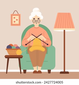 Elderly woman knitting sweater in living room. Vector illustration