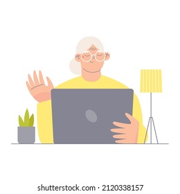 Elderly woman with laptop sitting at the desk and waiving her hand. Flat character vector illustration. 