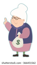 elderly woman with a large sum of money - savings for a rainy day. Gives wise advice about life