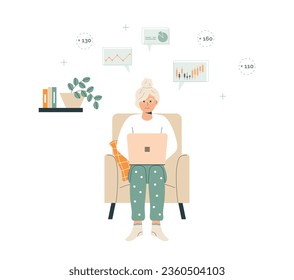 Elderly woman learns trade in stock market. Online financial market analytics. Old woman cryptocurrency trader. Stock trading online. Financial statistics, market research, investments. Flat vector.