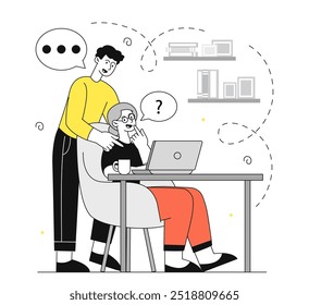 Elderly woman learns to use computer. Man helps grandmother with laptop. Education, learning and training. Old woman with modern technologies. Linear vector illustration isolated on white background