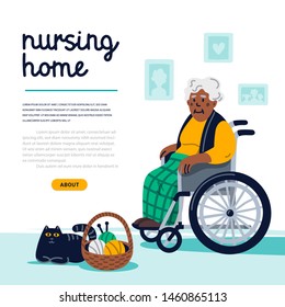 Elderly woman leisure in nursing home. African American elderly woman sitting in a wheelchair next to her basket with knitting and a cat. Nursing home banner tem. Senior people healthcare assistance