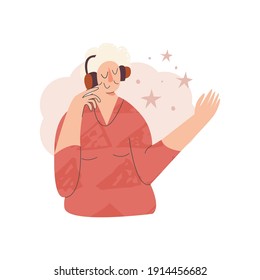 Elderly Woman Listen Music In Headphones. Well-being Senior Character. Aged People Wellness, Slow Life, Mental Health Concept. Active Pensioner Modern Flat Vector Illustration Isolated On White 