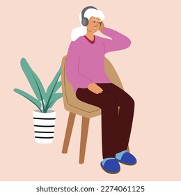  Elderly woman listening the music. Concept of health care, happiness, goodmood of elderly people . Harmony and Balance life on the retirement. Flat Vector illustration