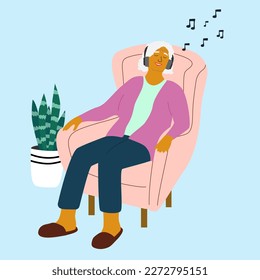  Elderly woman listening the music and relaxing . Concept of health care, happiness, goodmood of elderly people . Harmony and Balance life on the retirement. Flat Vector illustration